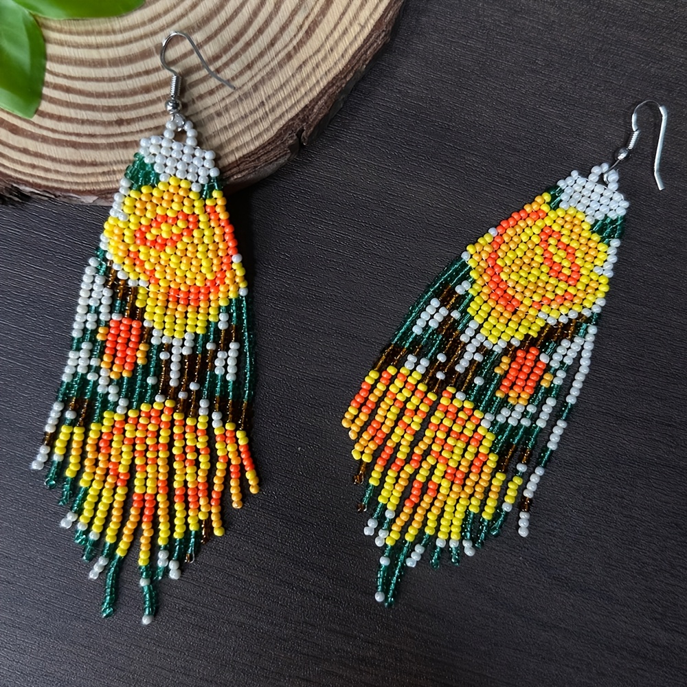 Elegant Handmade Flower Beaded Tassel Drop Earrings for Women